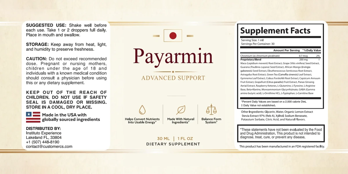 Flat view of the Payarmin bottle label, with the distributor line at the bottom
